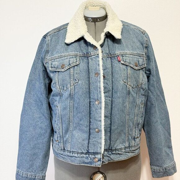 Levi's NWT SzS Slim Fit Divided Blue Original Sherpa Trucker Denim Jean Jacket - Picture 12 of 15